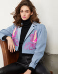 FLORAL EMBROIDERED CROPPED DENIM BLAZER
