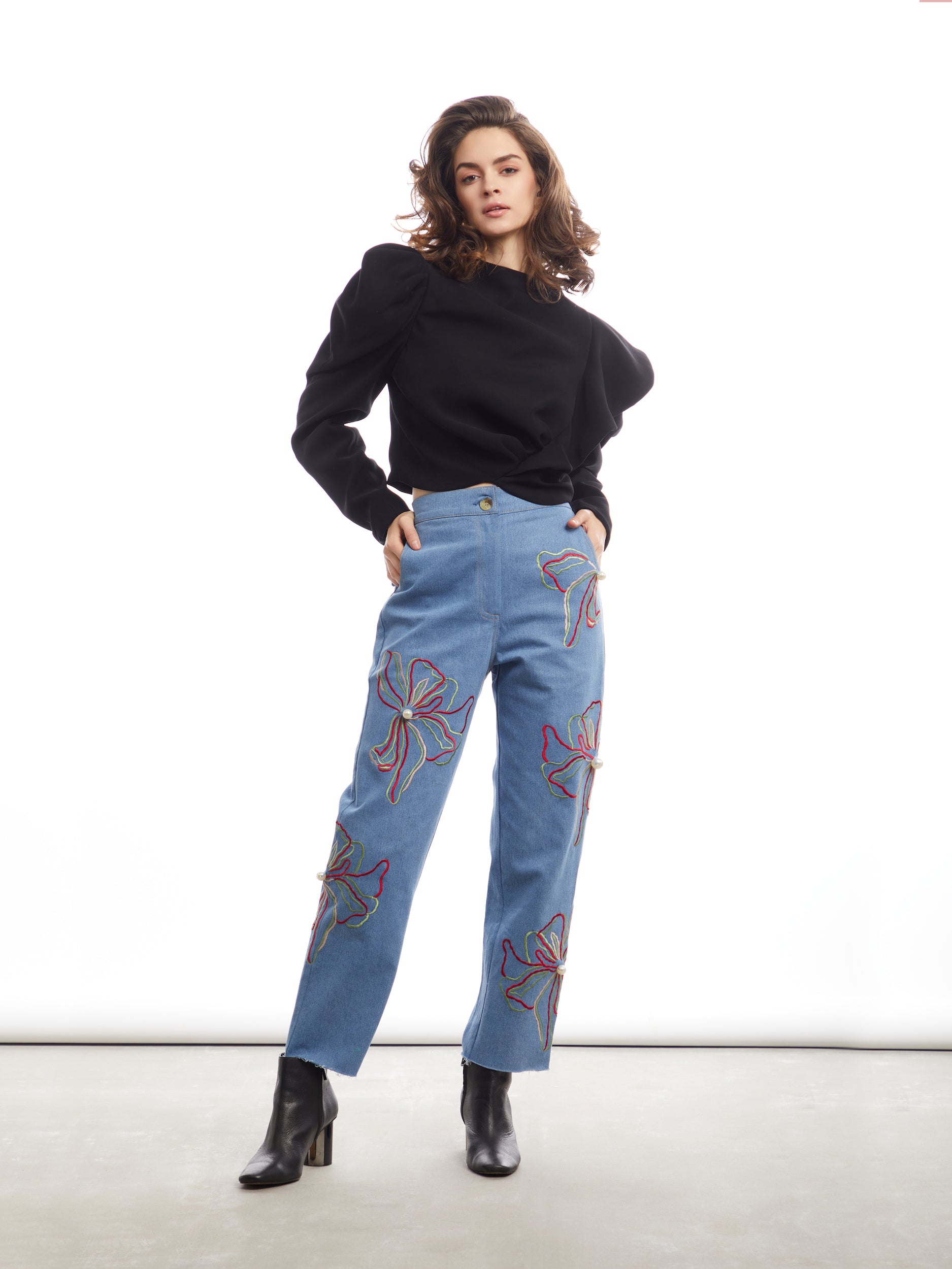 AVANTIKA HUNDAL IN OUR FLORAL EMBROIDERED STRAIGHT-LEG JEANS