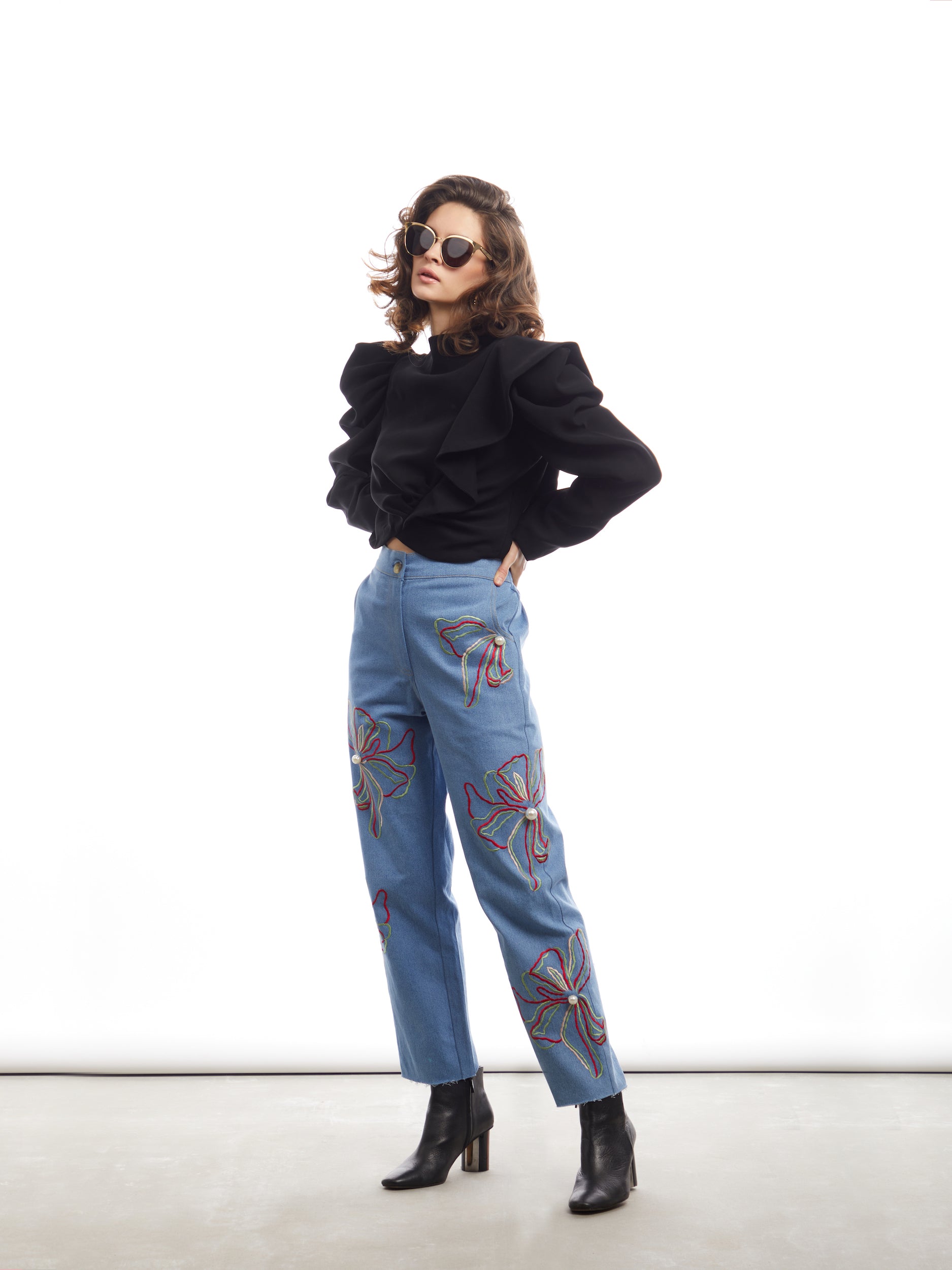 AVANTIKA HUNDAL IN OUR FLORAL EMBROIDERED STRAIGHT-LEG JEANS