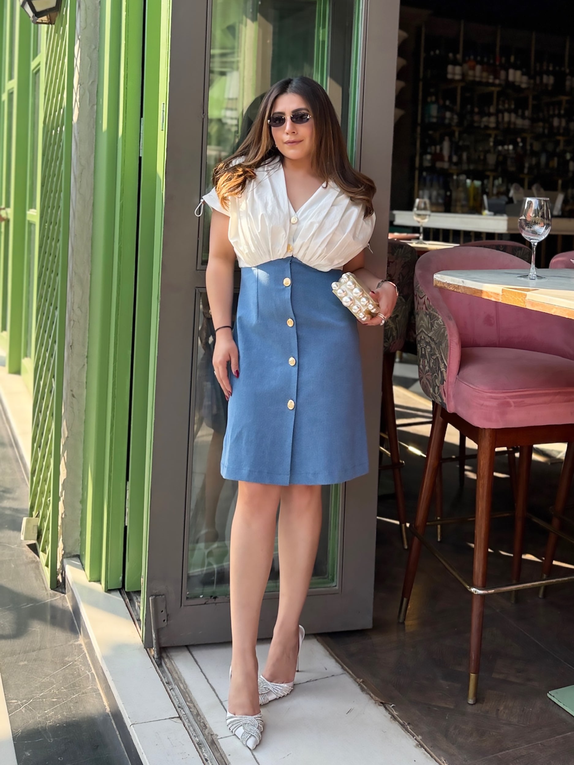MEGHNA PAHWA IN OUR RUCHED DENIM DRESS