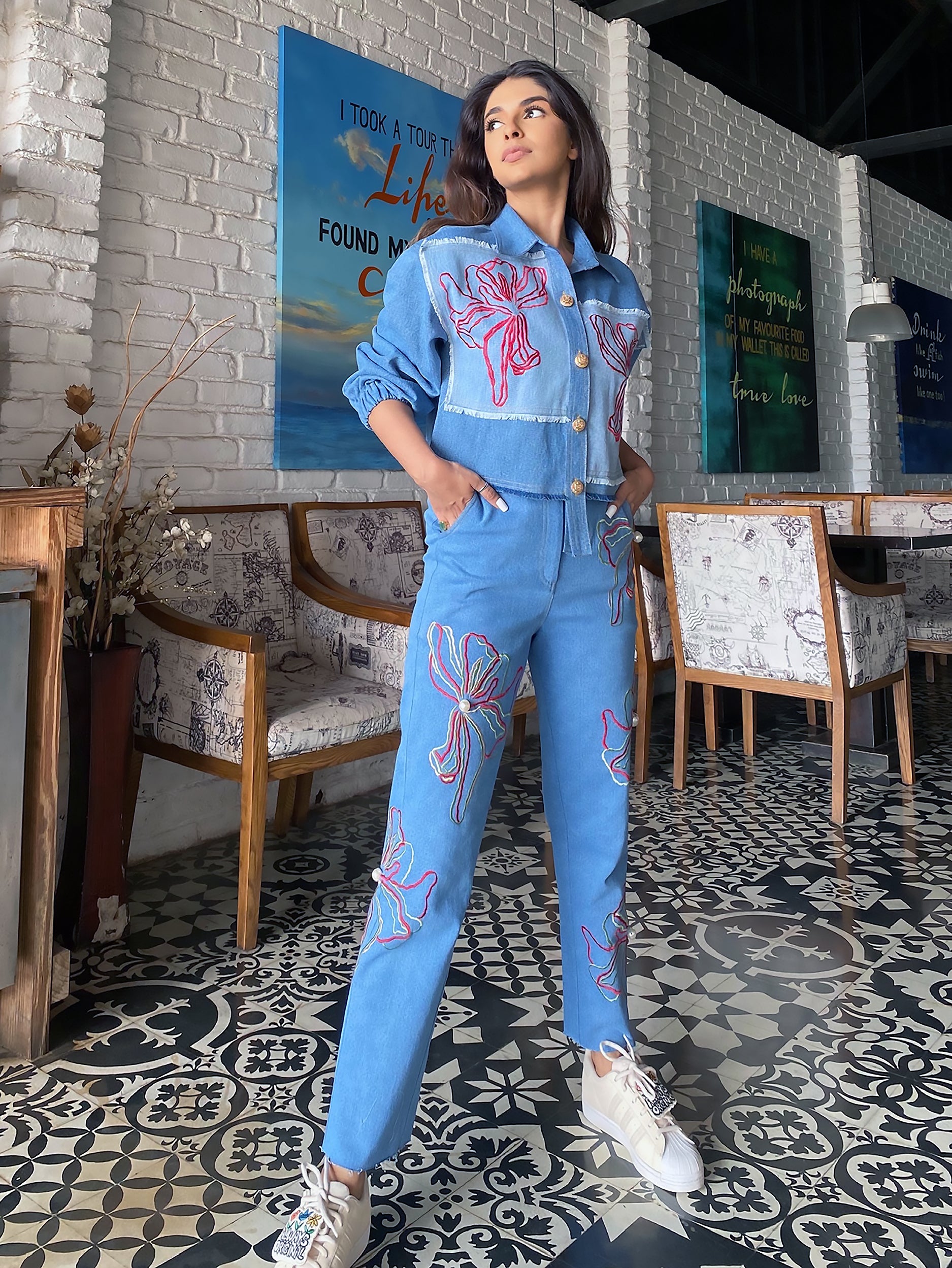 AVANTIKA HUNDAL IN OUR FLORAL EMBROIDERED STRAIGHT-LEG JEANS