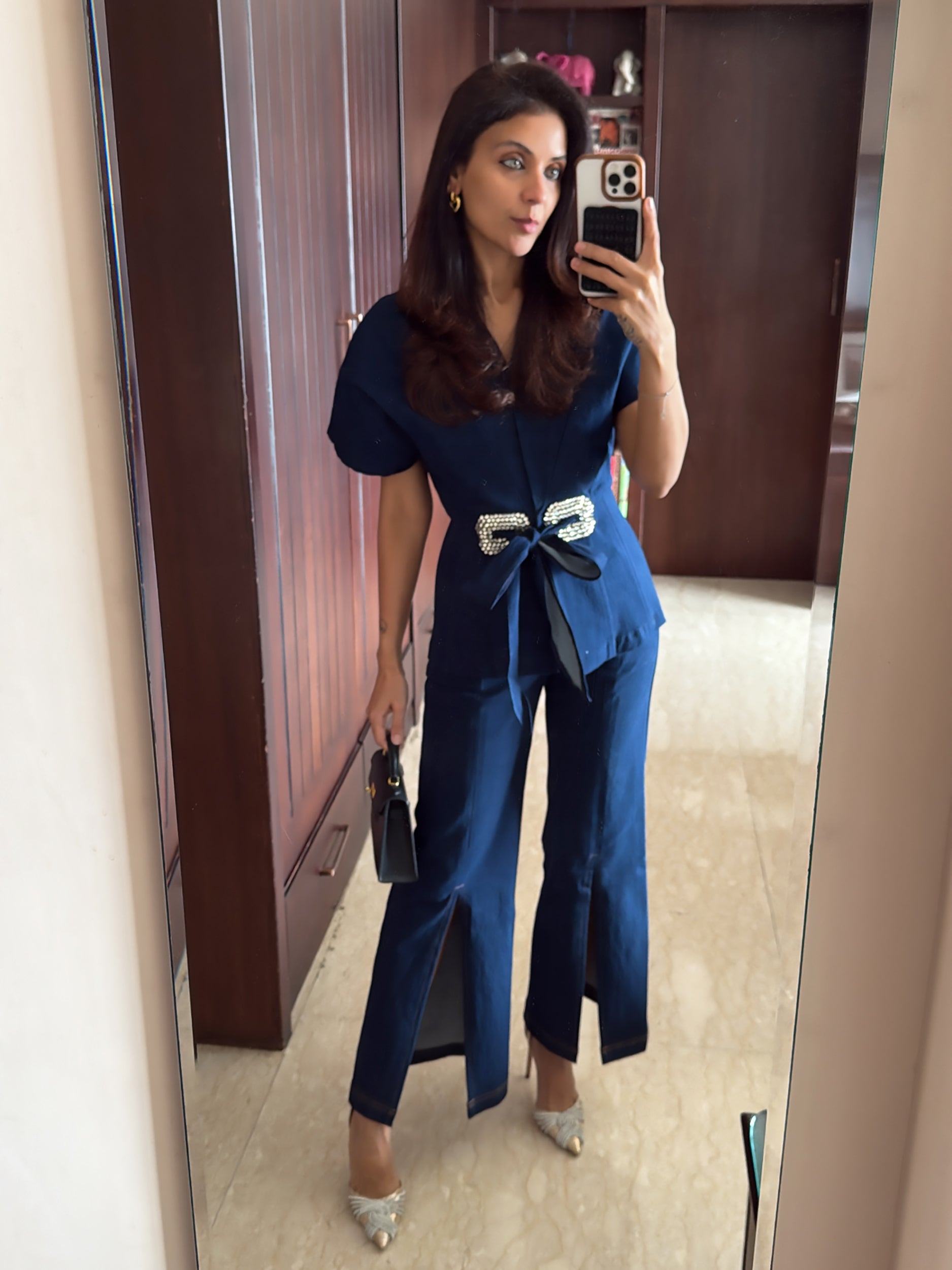 NRITI SHAH IN OUR STARLIGHT PEPLUM DENIM TOP