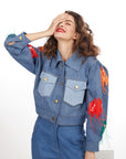 Denim Sequin Sleeve Bomber