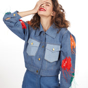 SEQUIN EMBROIDERED DENIM BOMBER