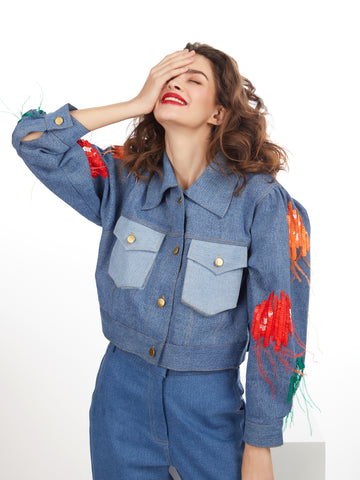 SEQUIN EMBROIDERED DENIM BOMBER