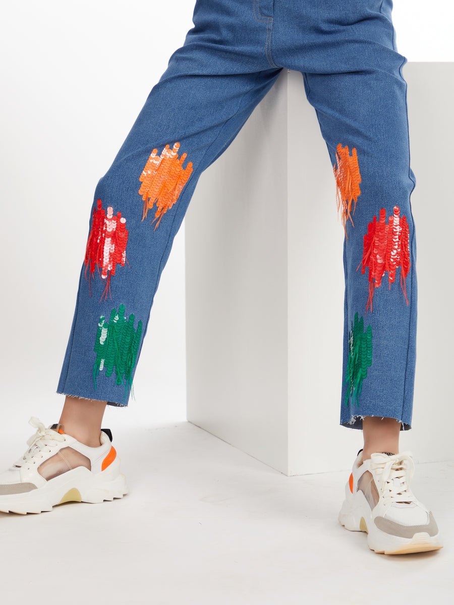 Denim Sequin Feather Pant