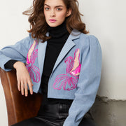 FLORAL EMBROIDERED CROPPED DENIM BLAZER