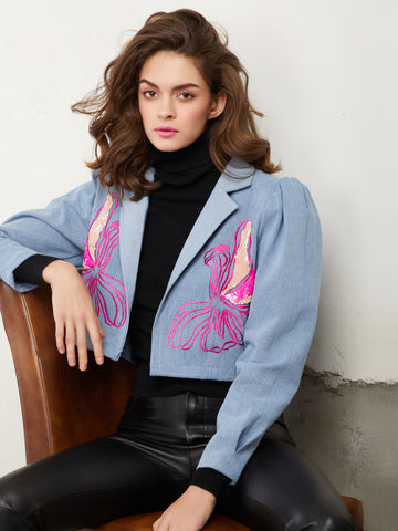 FLORAL EMBROIDERED CROPPED DENIM BLAZER