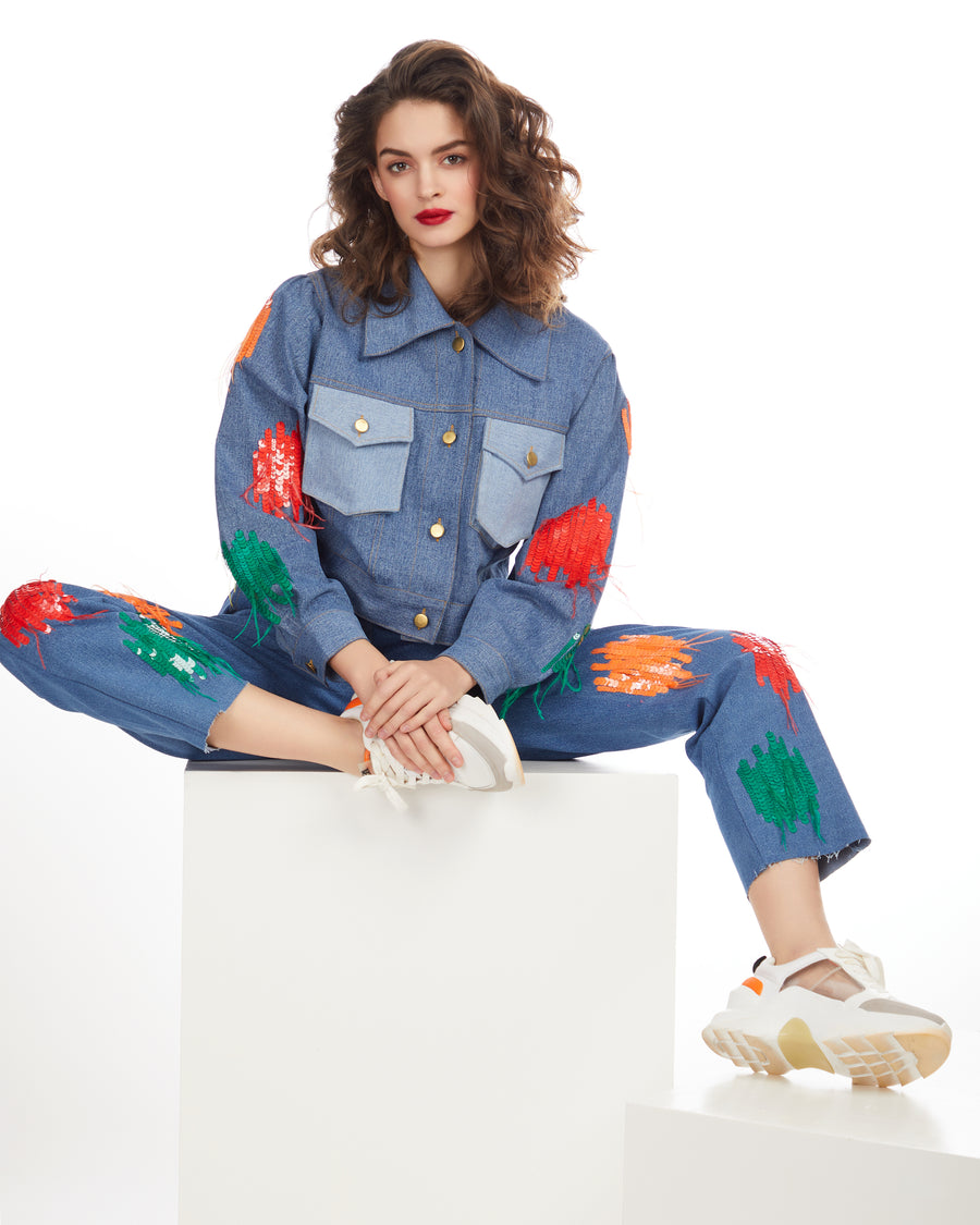 SEQUIN EMBROIDERED DENIM BOMBER