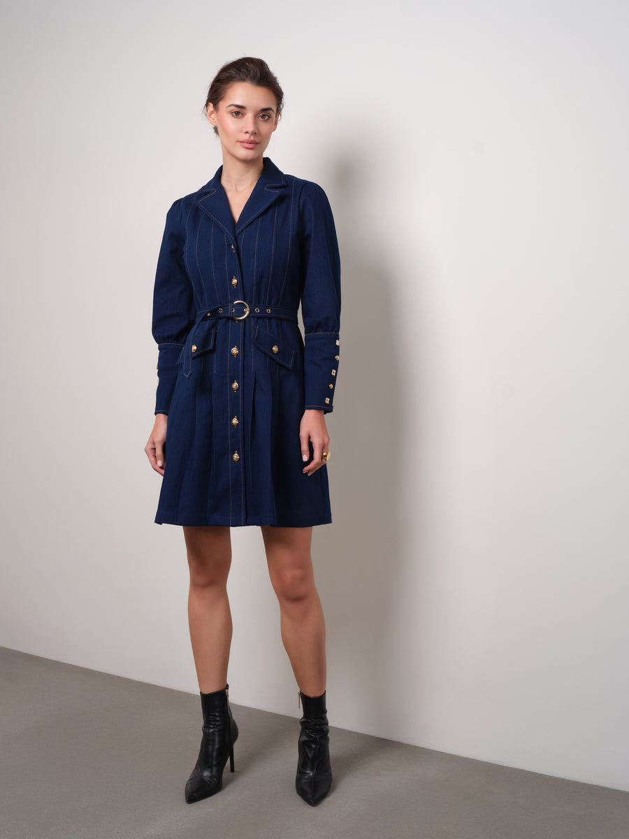 PLEATED PERFECTION DENIM DRESS