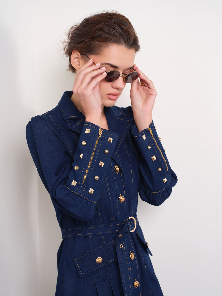 PLEATED PERFECTION DENIM DRESS