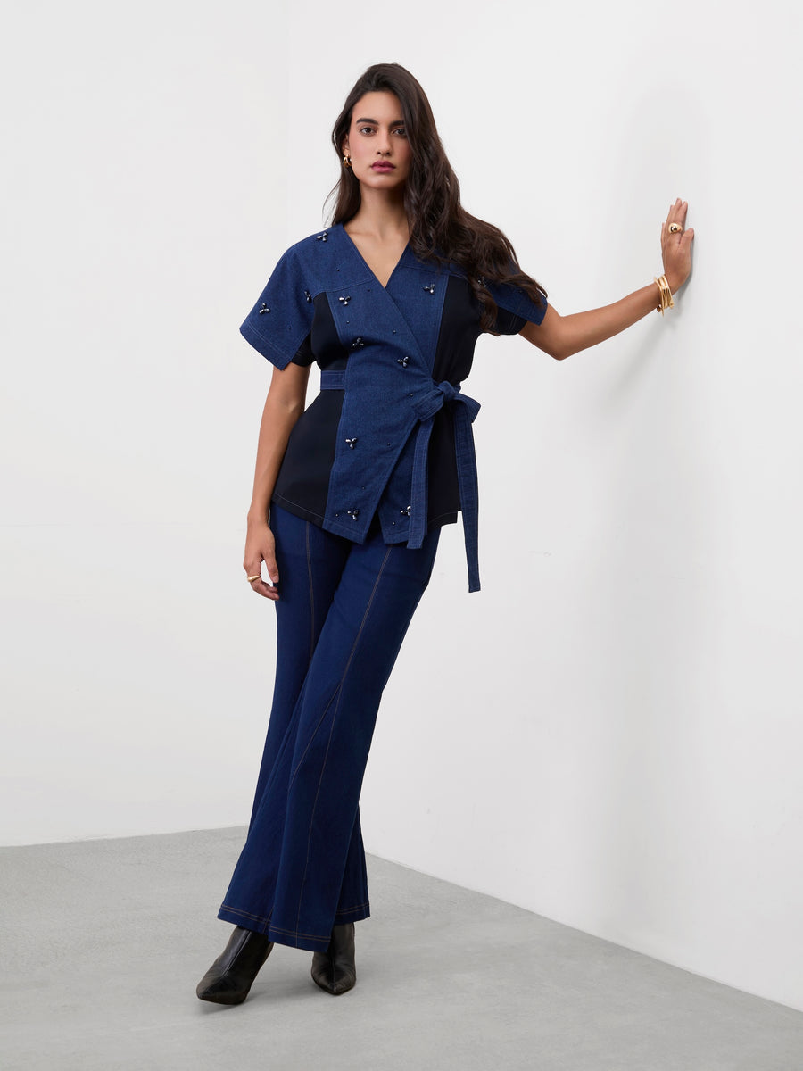 DENIM DAZZLER WRAP TOP