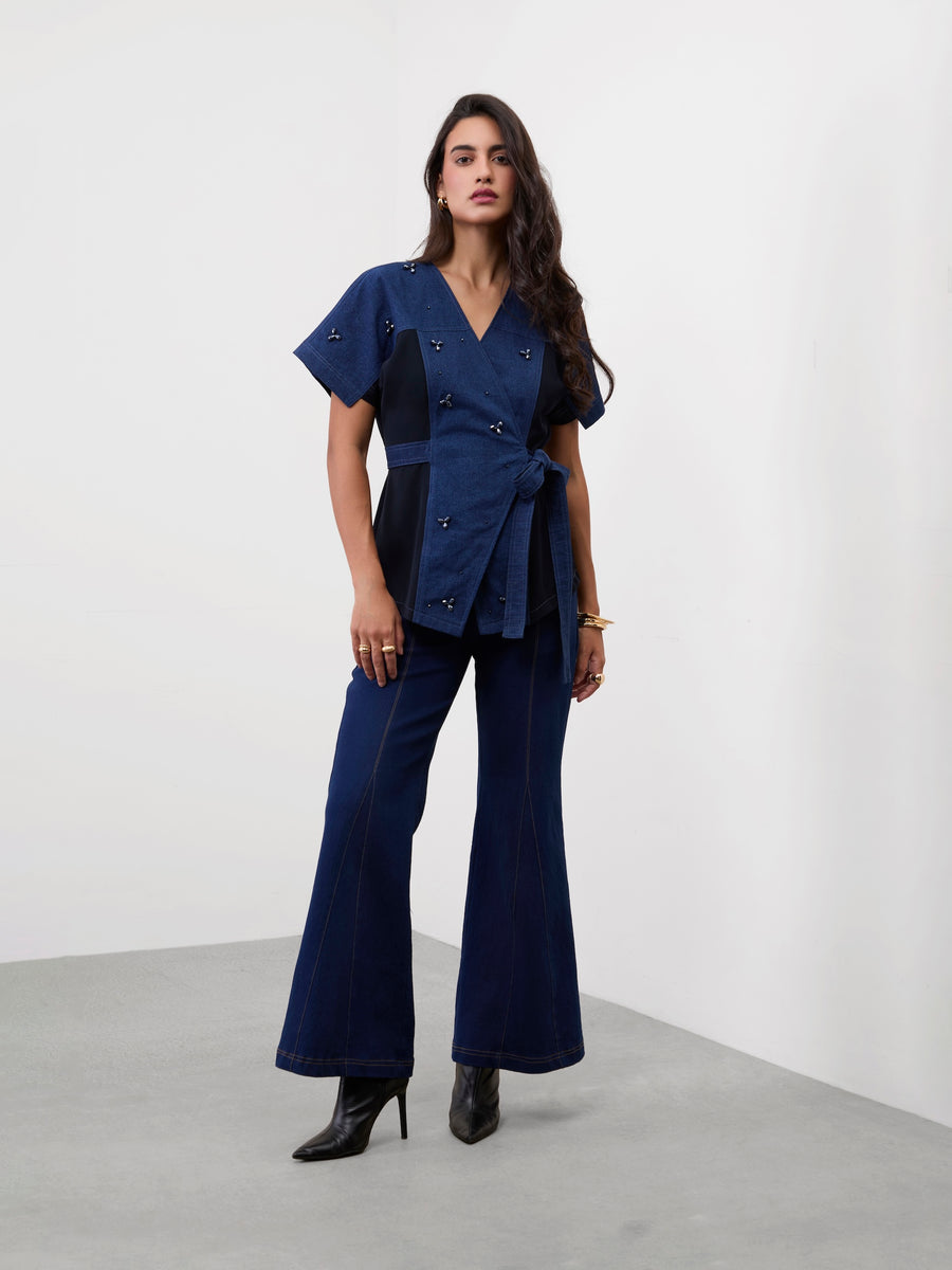DENIM DAZZLER WRAP TOP