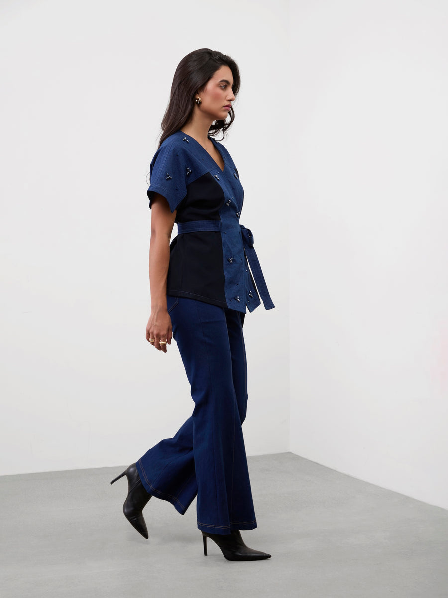 DENIM DAZZLER WRAP TOP