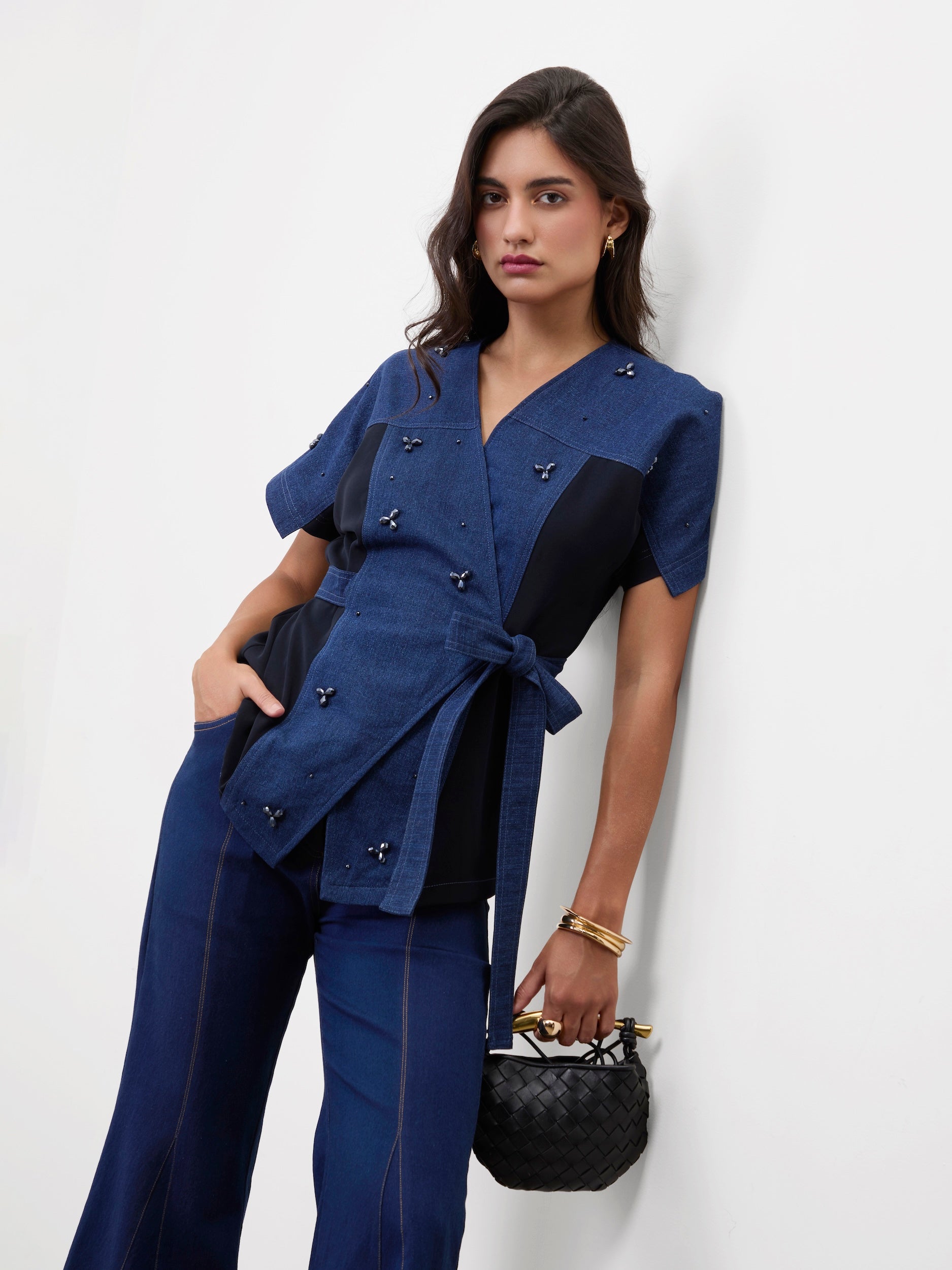 DENIM DAZZLER WRAP TOP
