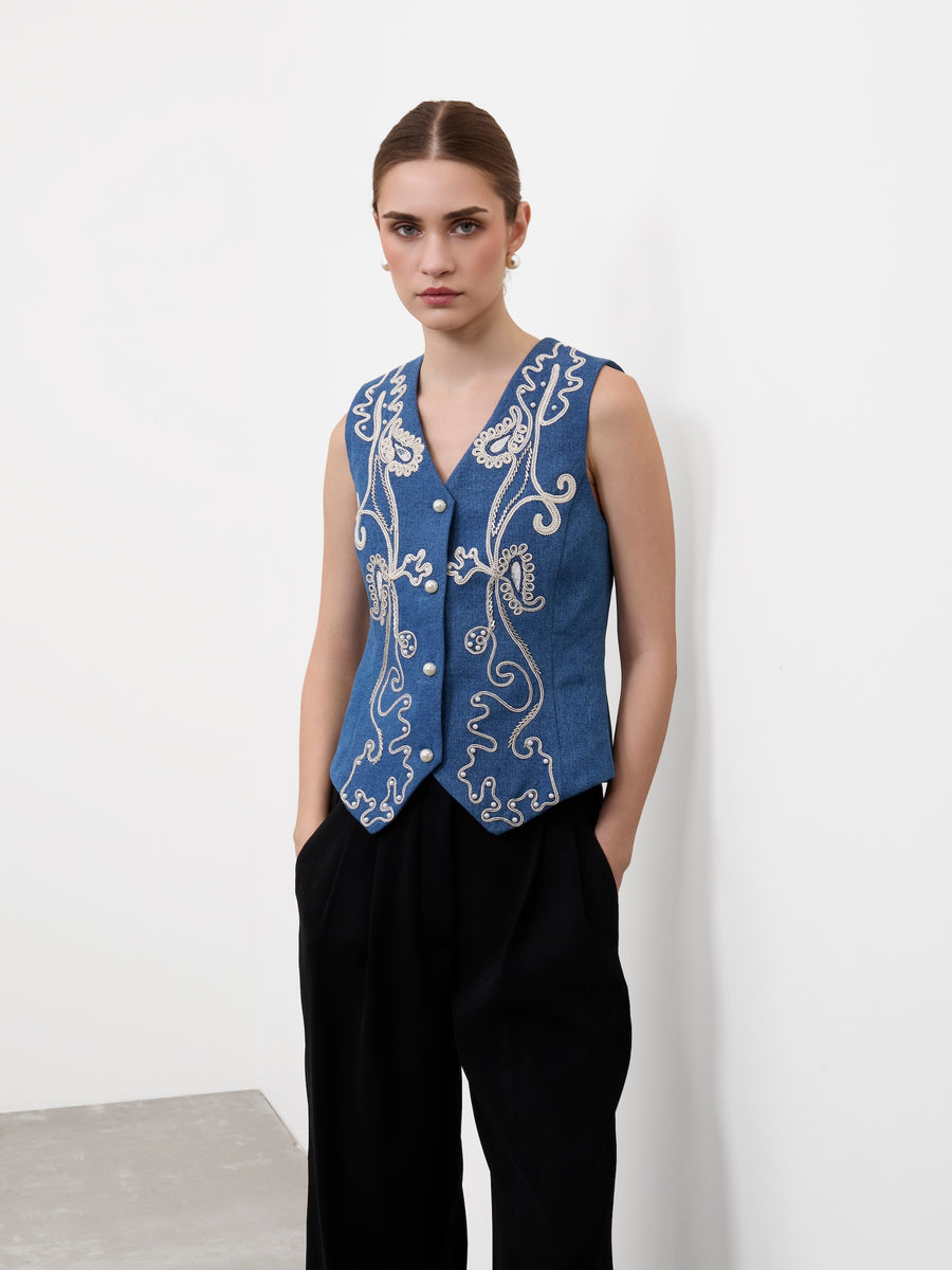 DENIM PAISLEY VEST