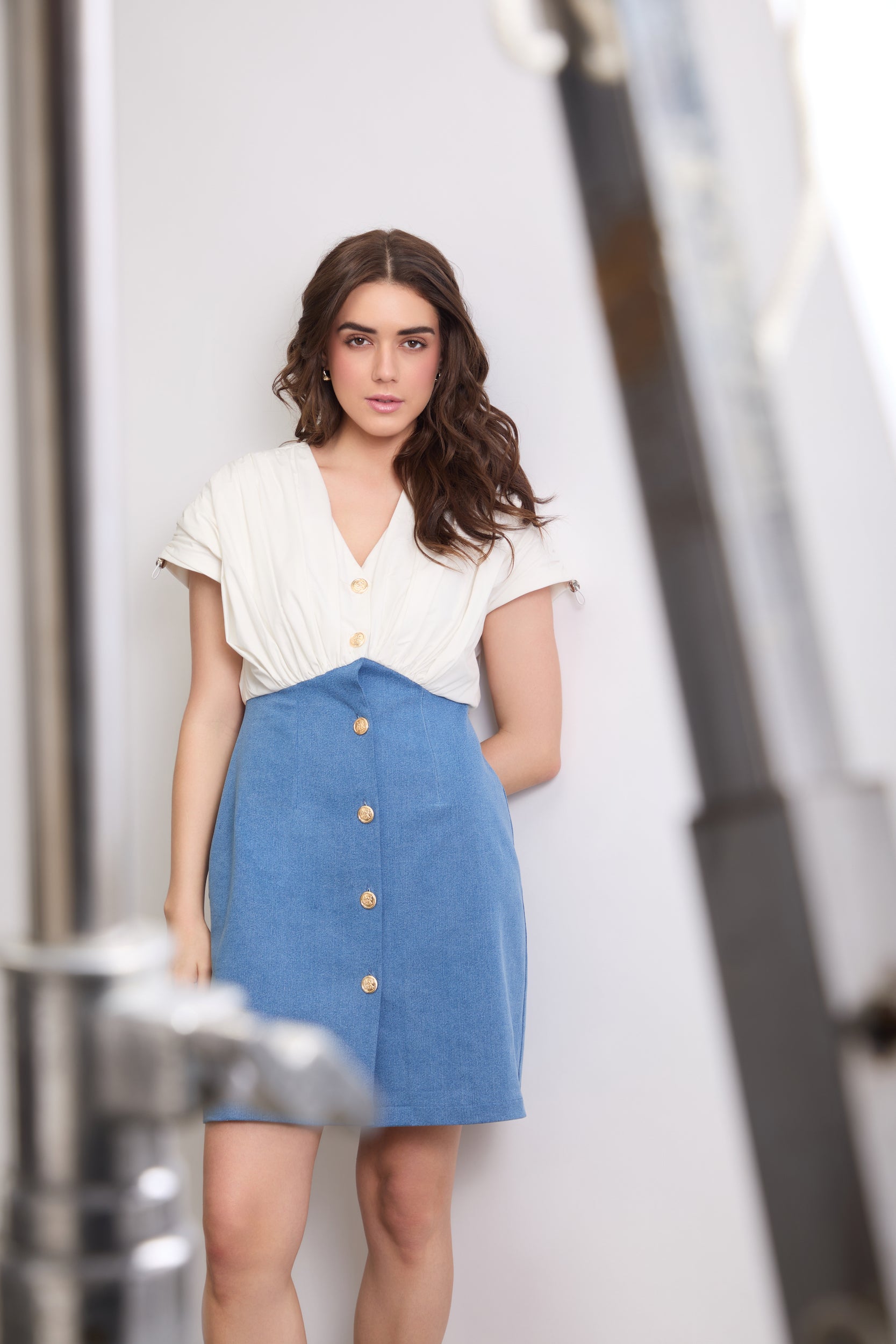 RUCHED DENIM DRESS