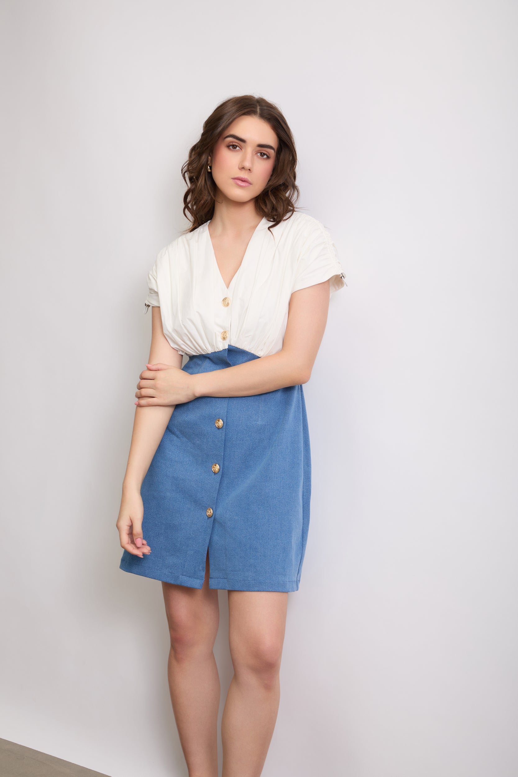 RUCHED DENIM DRESS