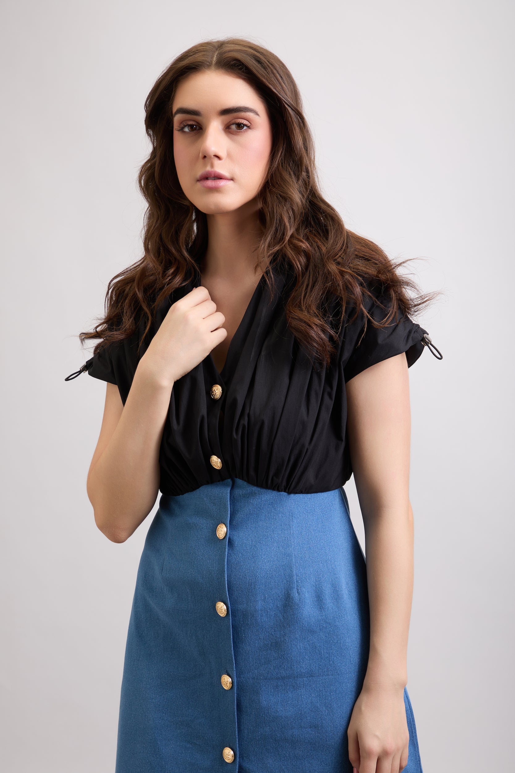 RUCHED DENIM DRESS