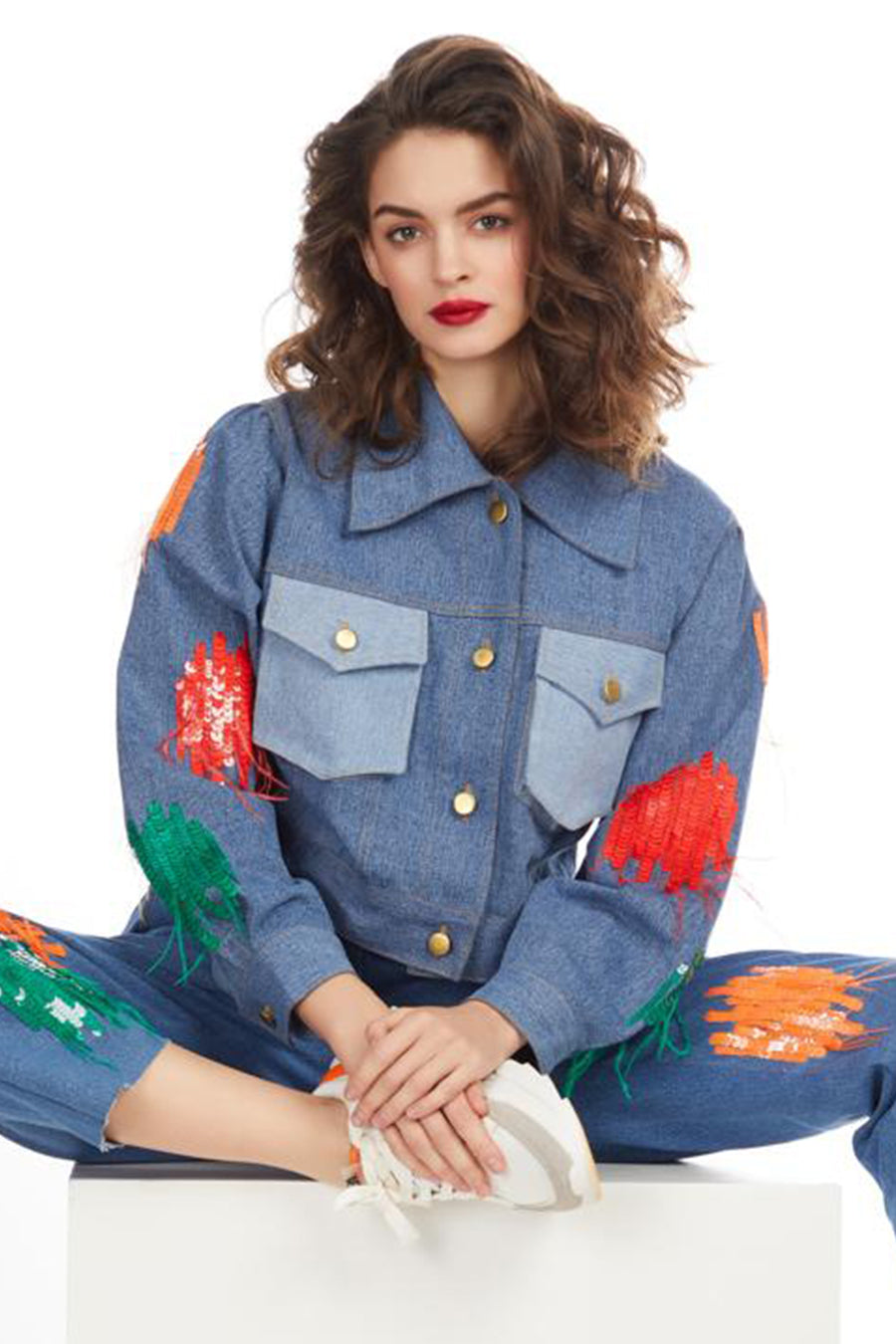 Denim Sequin Sleeve Bomber