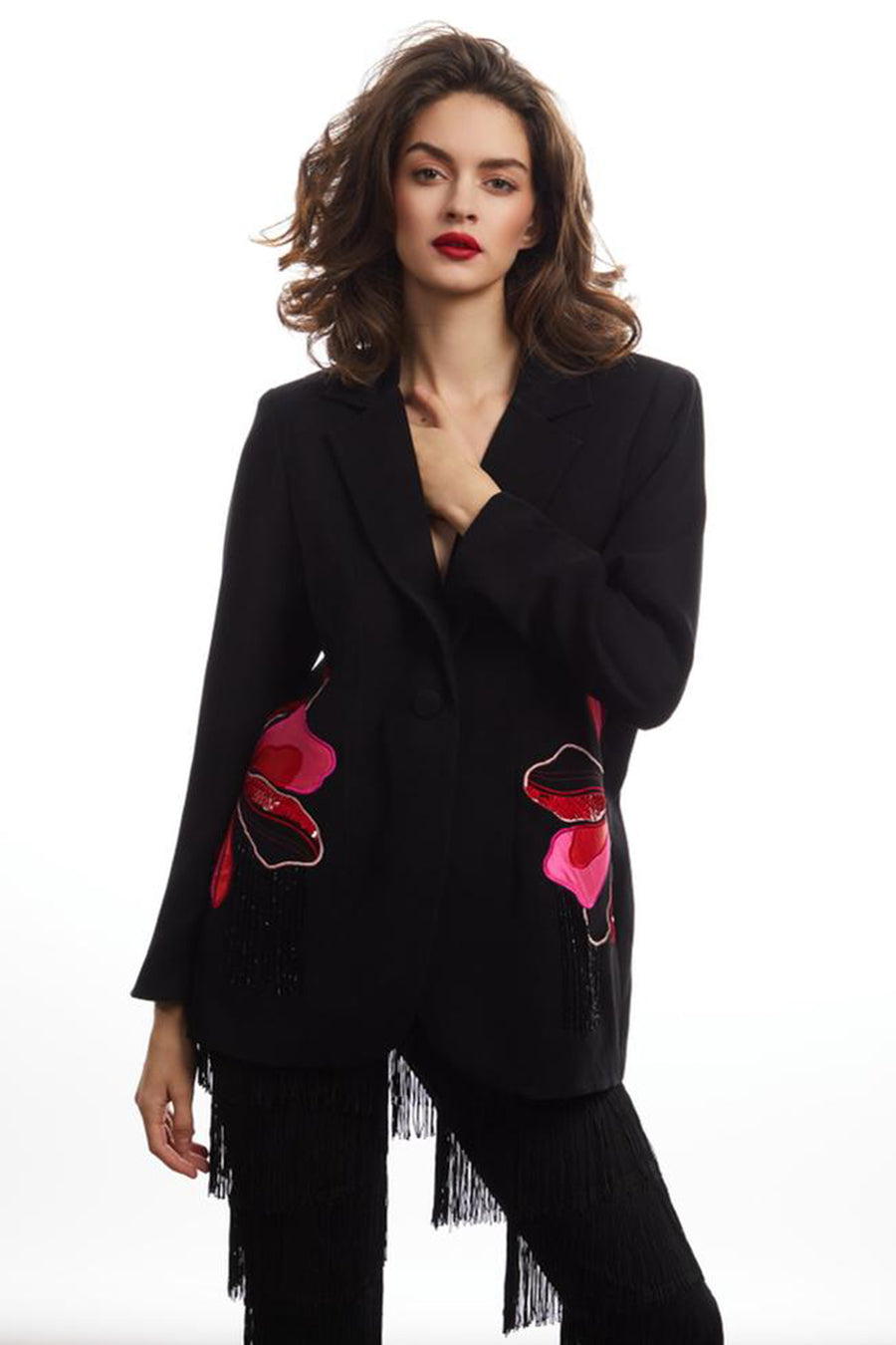 Black Floral Embroidery Blazer