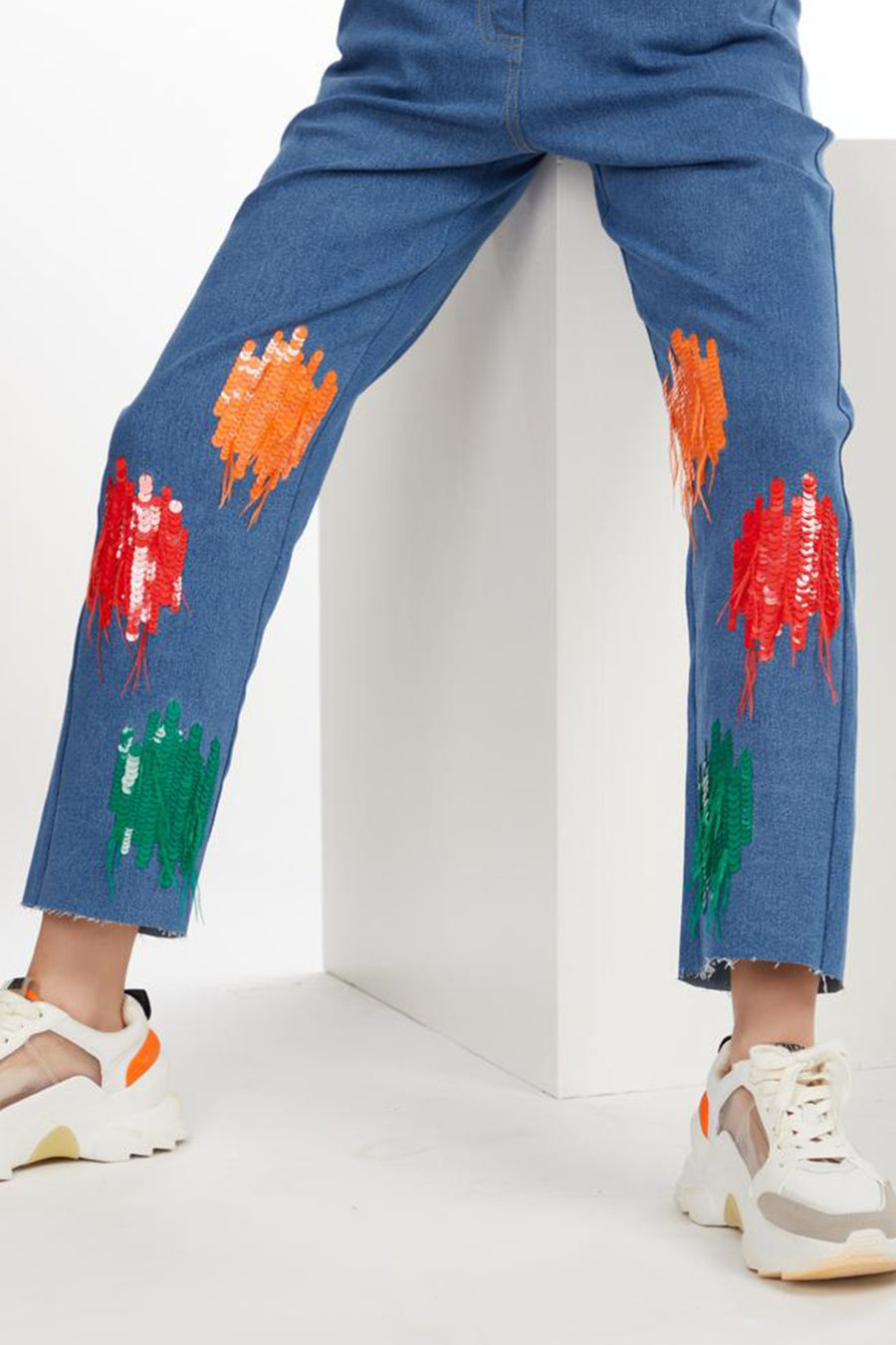 Denim Sequin Feather Pant