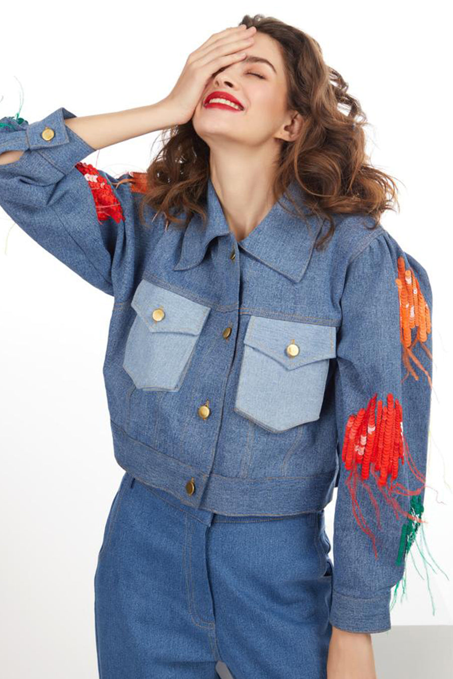 Denim Sequin Sleeve Bomber