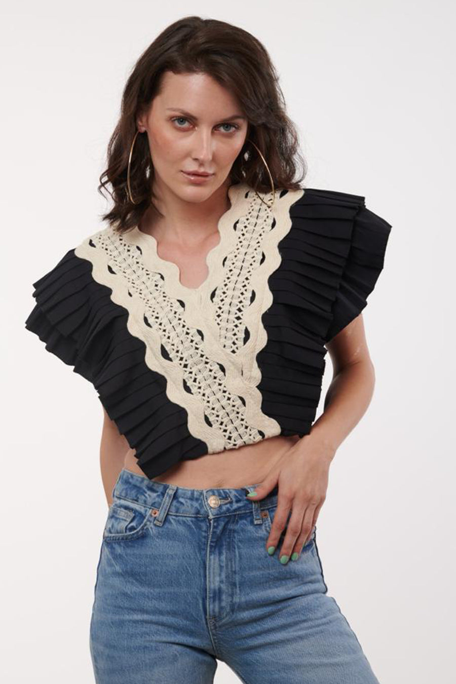 Pleated V- Neck Crop Top